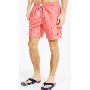Nautica Mens XL Swim Trunks Anchor Print Quick Dry Coral Pink Swimsuit Shorts